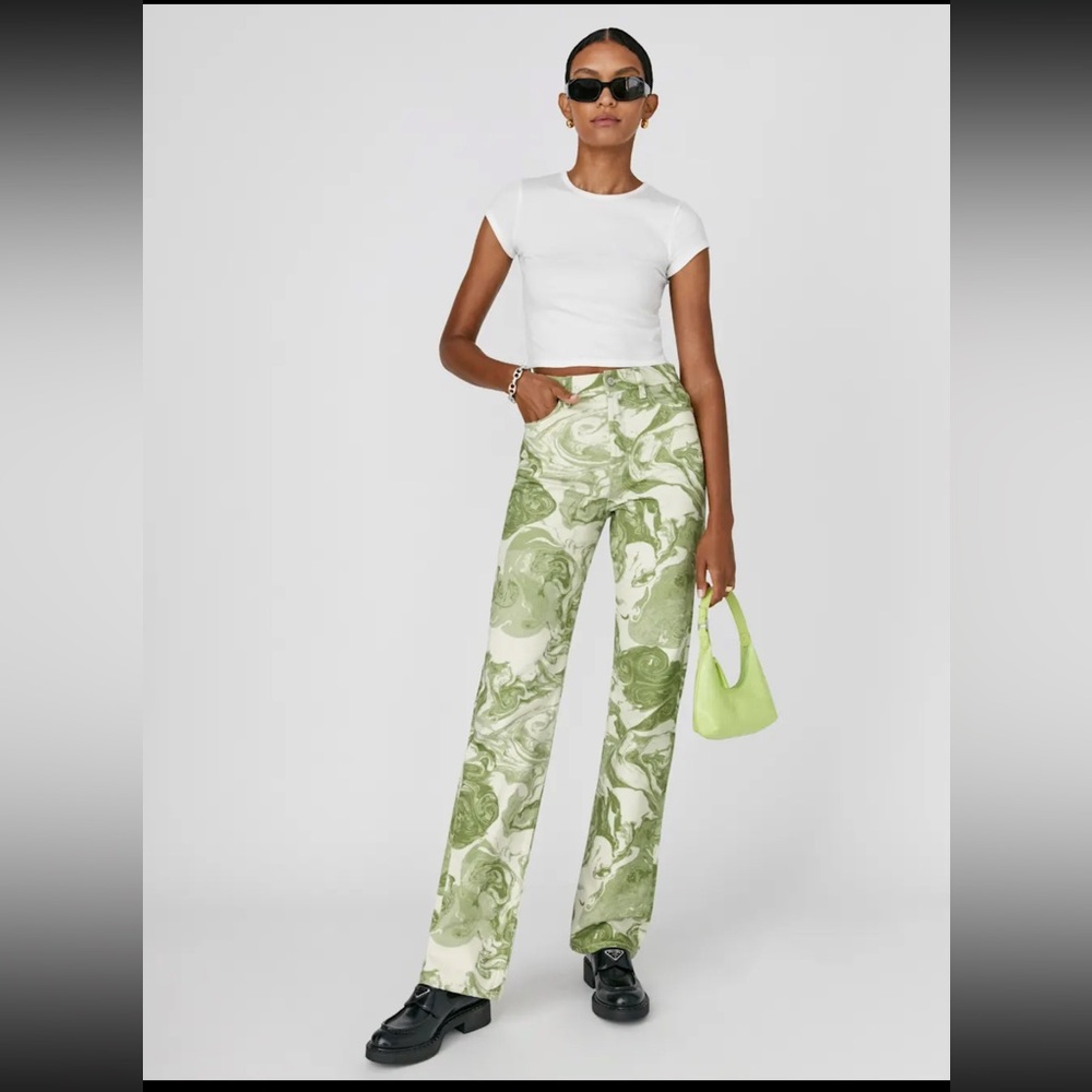 Reformation Marble High Rise Straight Long Jeans 27 Avocado Swirl NWT
